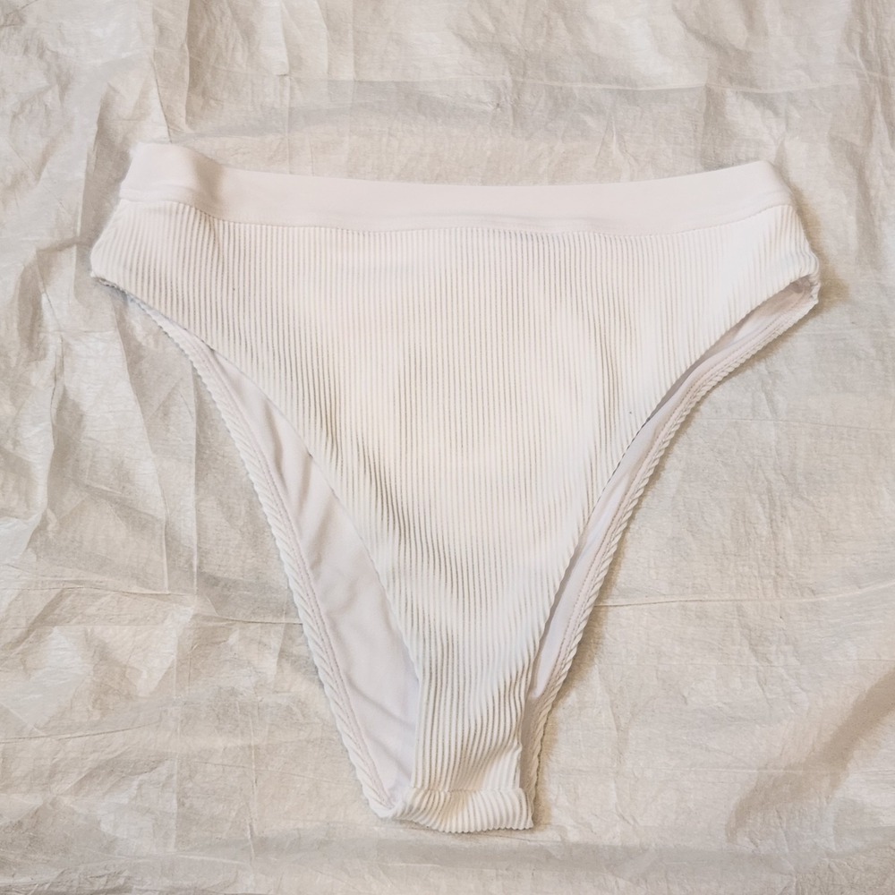 New ROXY Ribbed Love Banded High Waist Bikini Bottoms Women's L Large White